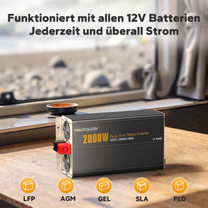 Power Queen 2000W Wechselrichter 12V auf 230V Reine Sinuswelle