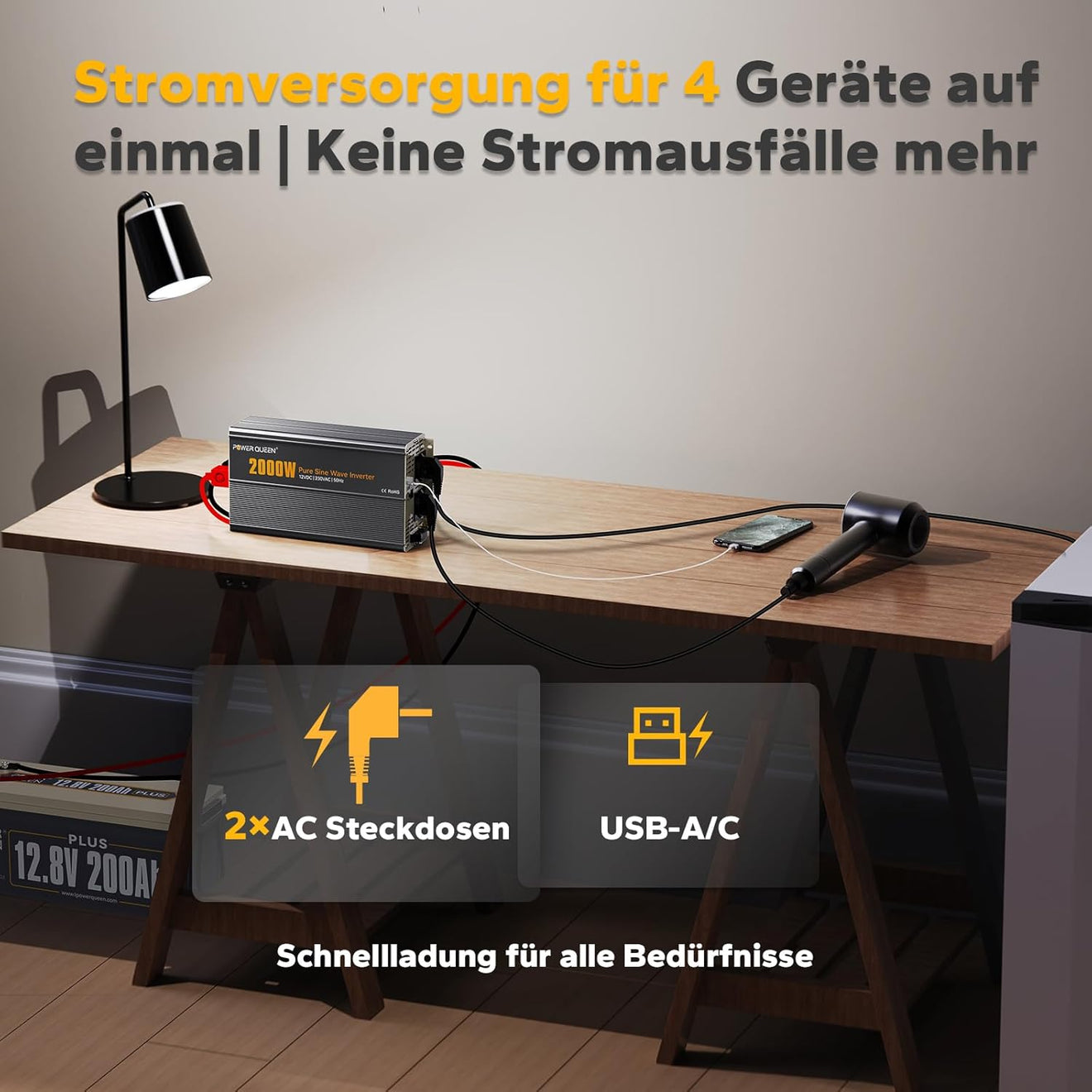 Power Queen 2000W Wechselrichter 12V auf 230V Reine Sinuswelle