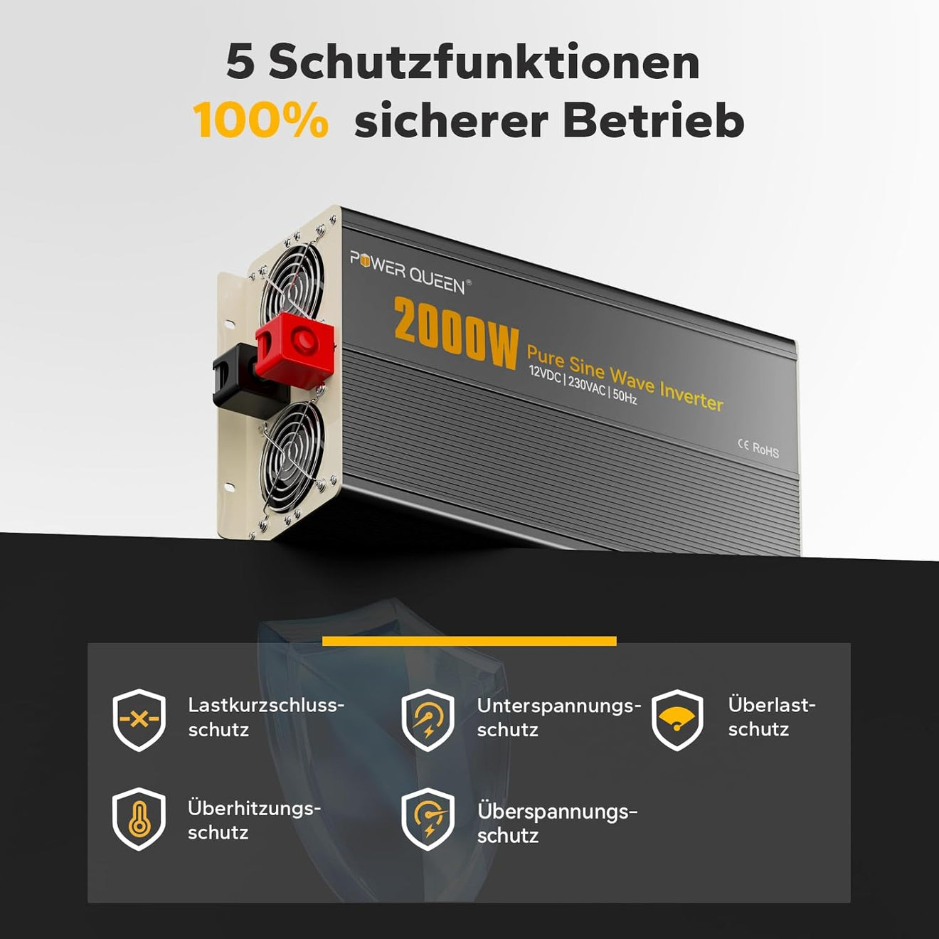 Power Queen 2000W Wechselrichter 12V auf 230V Reine Sinuswelle
