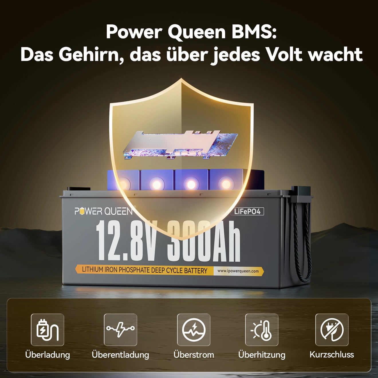 Power Queen 12V 300Ah LiFePO4 Batterie, Integriertes 200A BMS