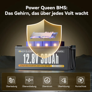 Power Queen 12V 300Ah LiFePO4 Batterie, Integriertes 200A BMS
