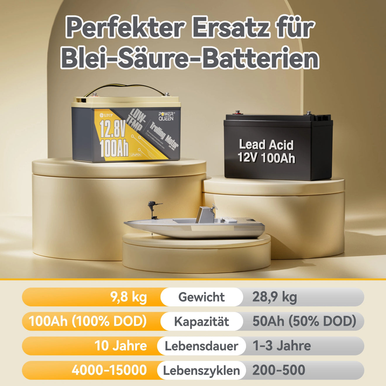 Power Queen LiFePO4 12V 100Ah Niedertemperatur Elektromotor Batterie