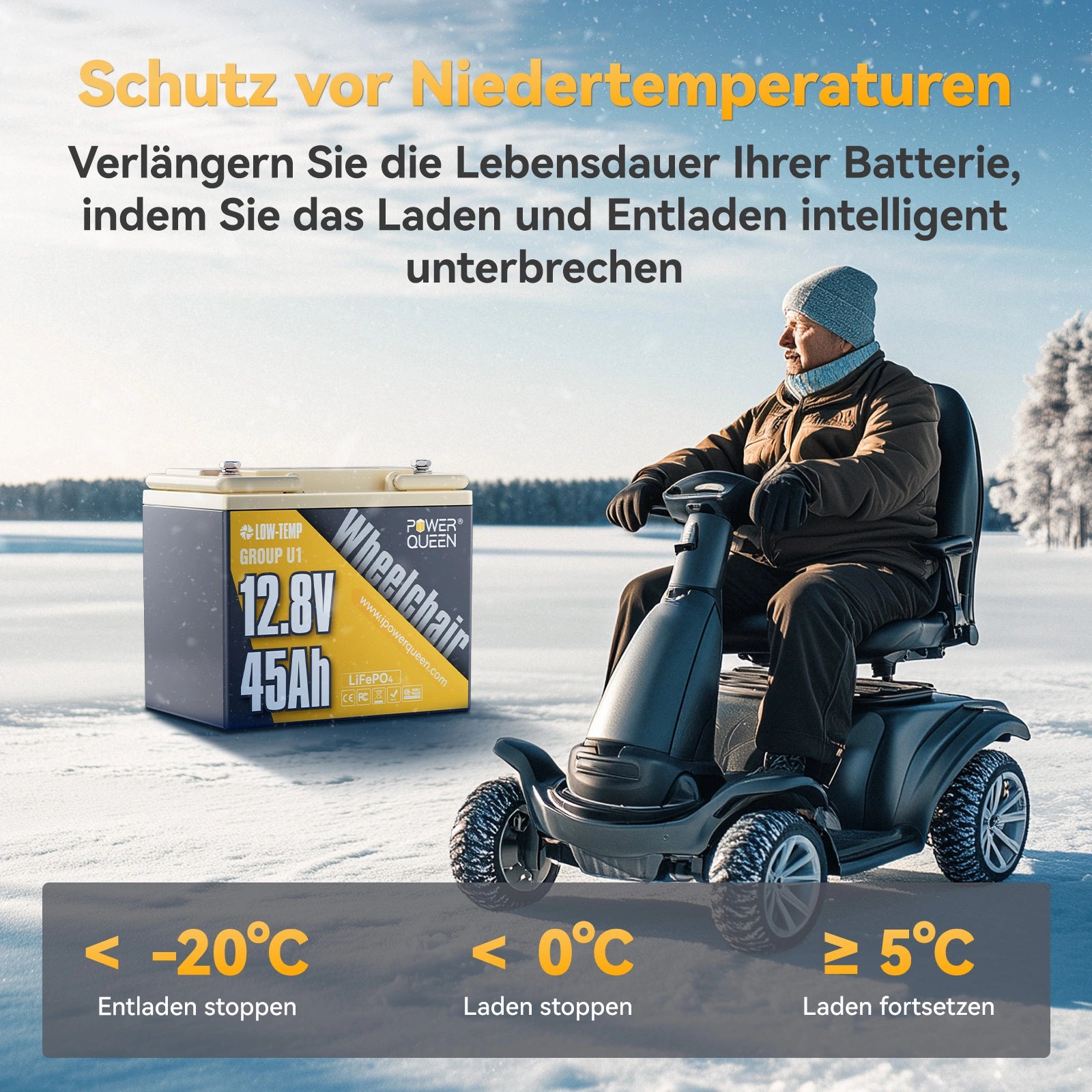 【0% MwSt.】Power Queen LiFePO4 12V 45Ah Gruppe U1 Elektromobil Batterie