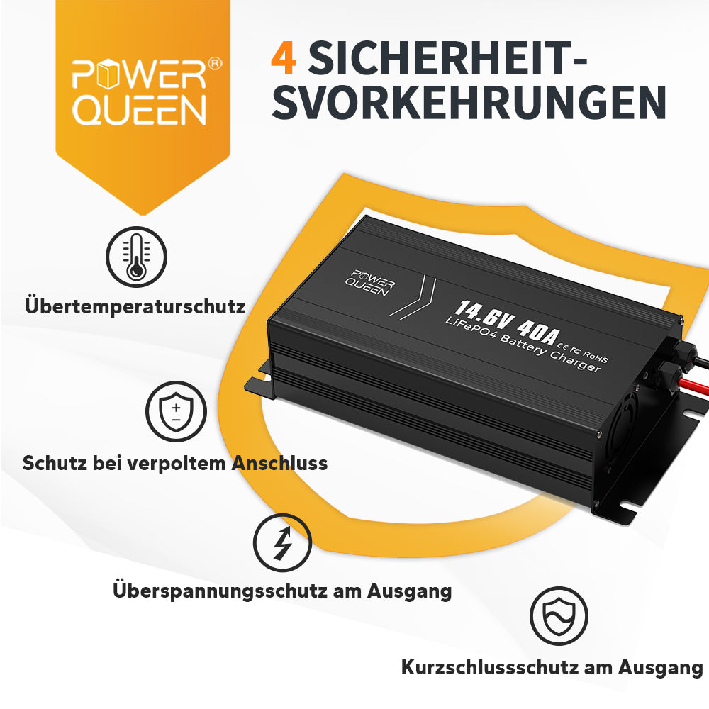 Chargeur Power Queen 14,6V 40A LiFePO4 sans poignée pour batterie 12V LiFePO4