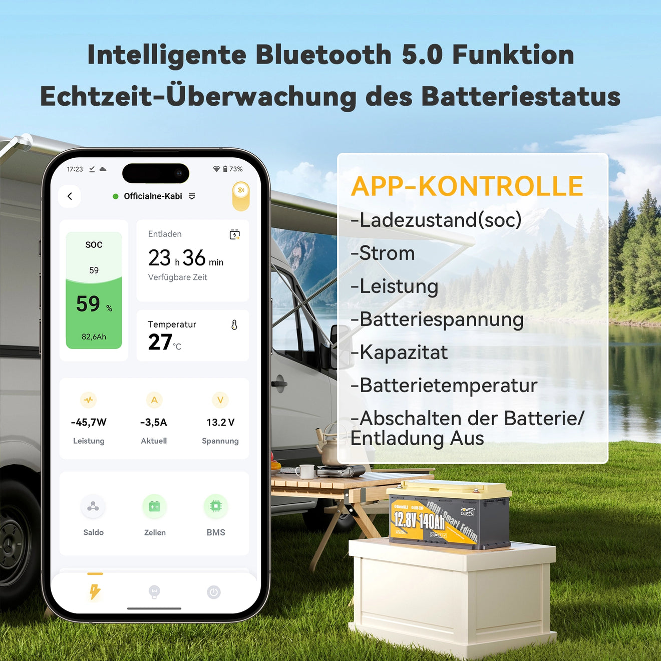 Power Queen 12V 140Ah 190H Smart Wohnmobil Lithium Batterie mit Bluetooth