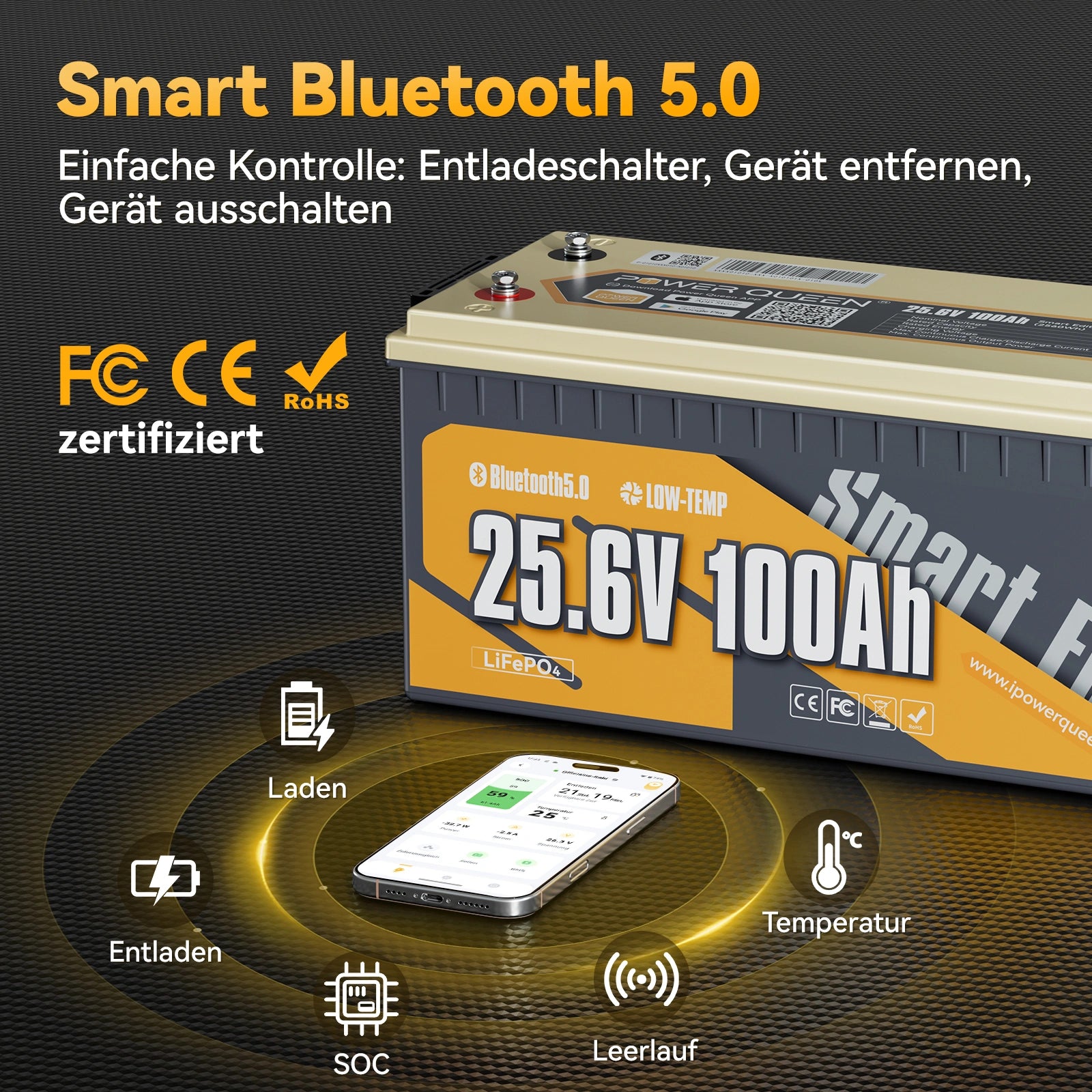 Power Queen LiFePO4 24V 100Ah slimme zonnebatterij met Bluetooth