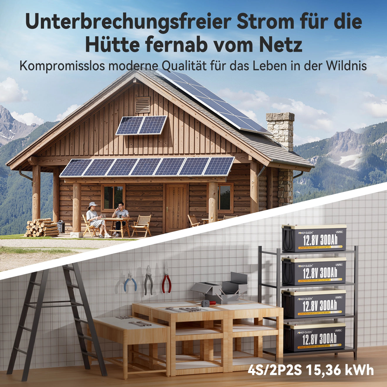 Power Queen 12V 300Ah LiFePO4 Batterie, Integriertes 200A BMS