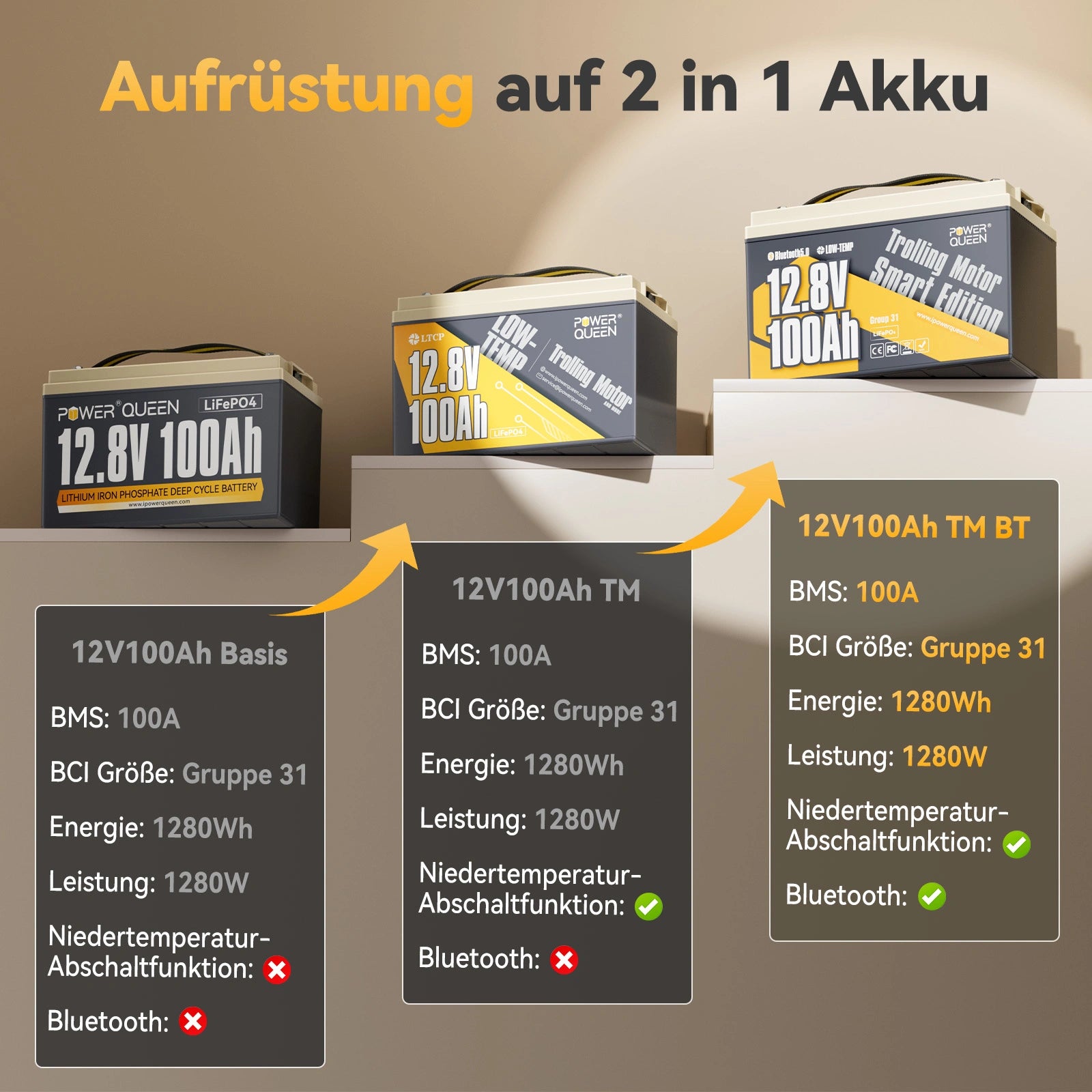 【0% MwSt.】Power Queen 12V 100Ah Niedertemperatur Smart LiFePO4 Batterie