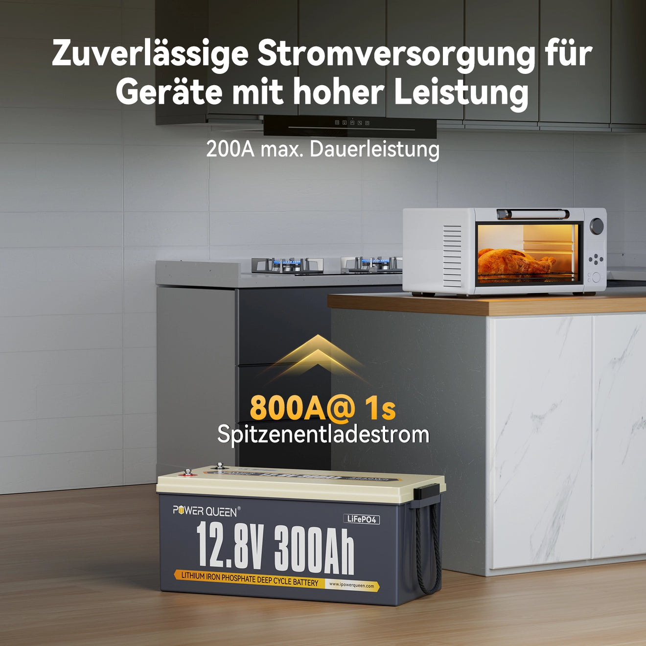 Power Queen 12V 300Ah LiFePO4 Batterie, Integriertes 200A BMS