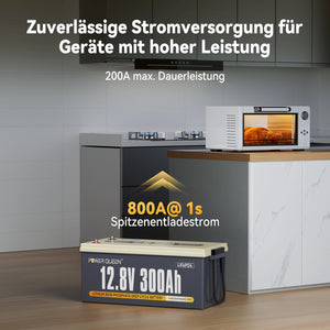 Power Queen 12V 300Ah LiFePO4 Batterie, Integriertes 200A BMS