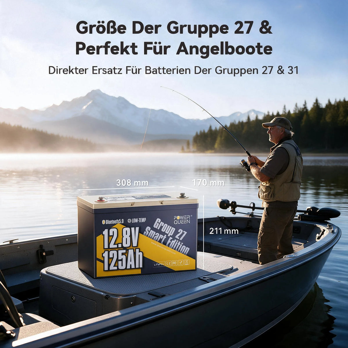 (0% MwSt.) Power Queen 12V 125Ah Group 27 Smart LiFePO4 Batterie mit Bluetooth