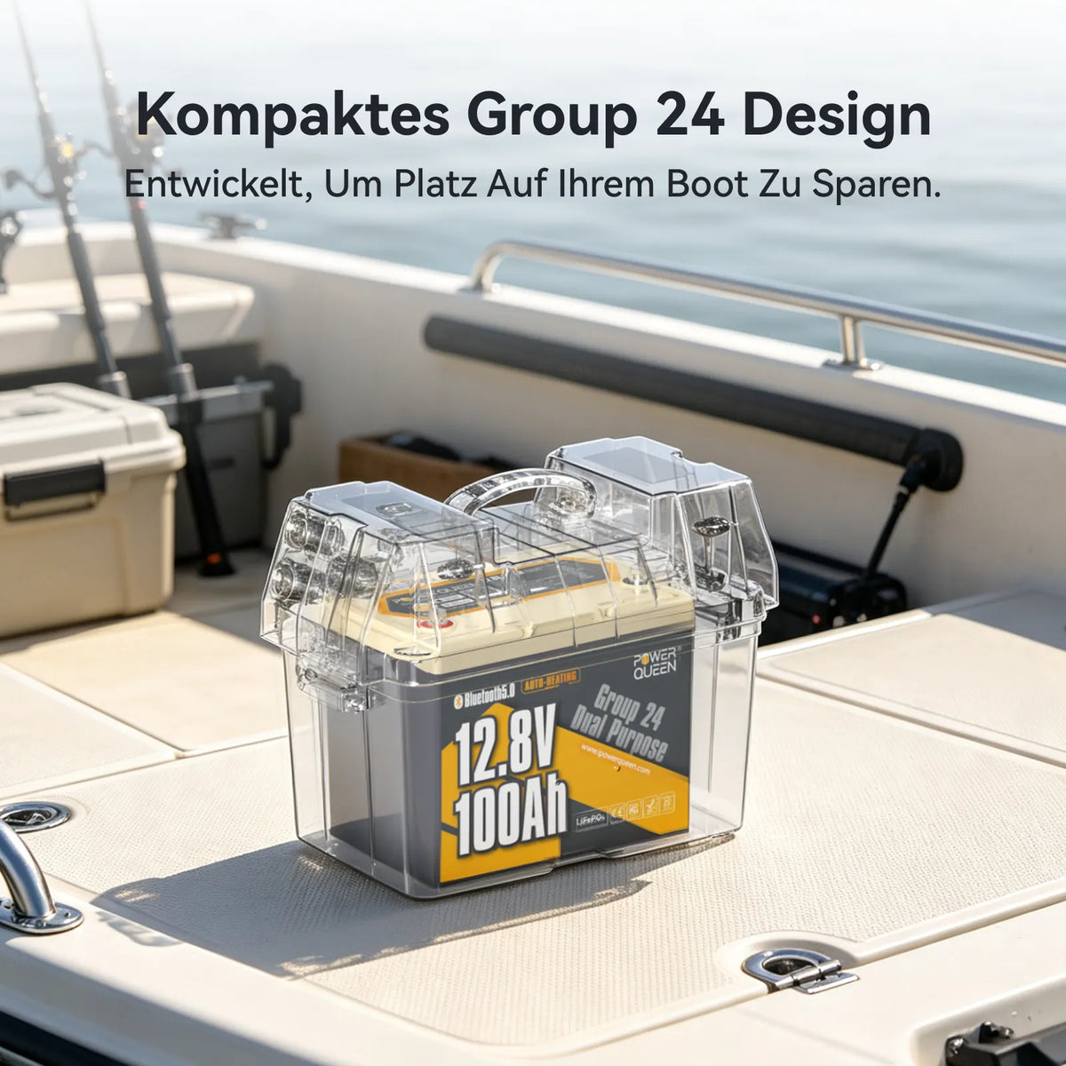 Power Queen 12V 100Ah Dual Purpose Group 24 LiFePO4 Outboard Motor Battery