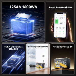 Power Queen 12V 125Ah Group 27 Smart LiFePO4 Versorgungsbatterie