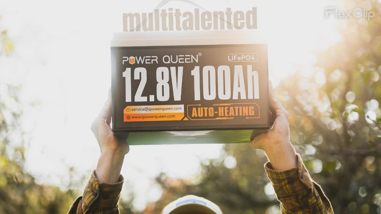 Power Queen 12V 100Ah Selbstheizende LiFePO4 Batterie, Eingebautes 100A BMS