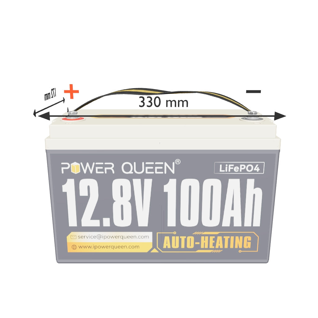 Power Queen 12V 100Ah Selbstheizende LiFePO4 Batterie, Eingebautes 100A BMS