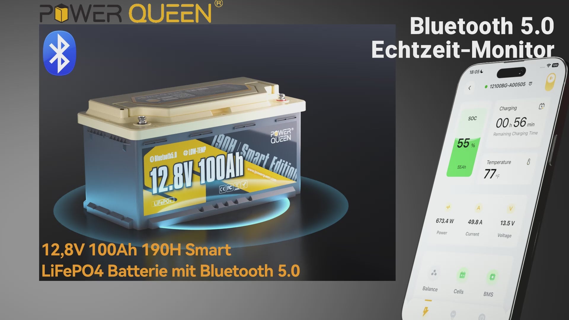 Bateria inteligente para motorhome Power Queen LiFePO4 12V 100Ah 190H