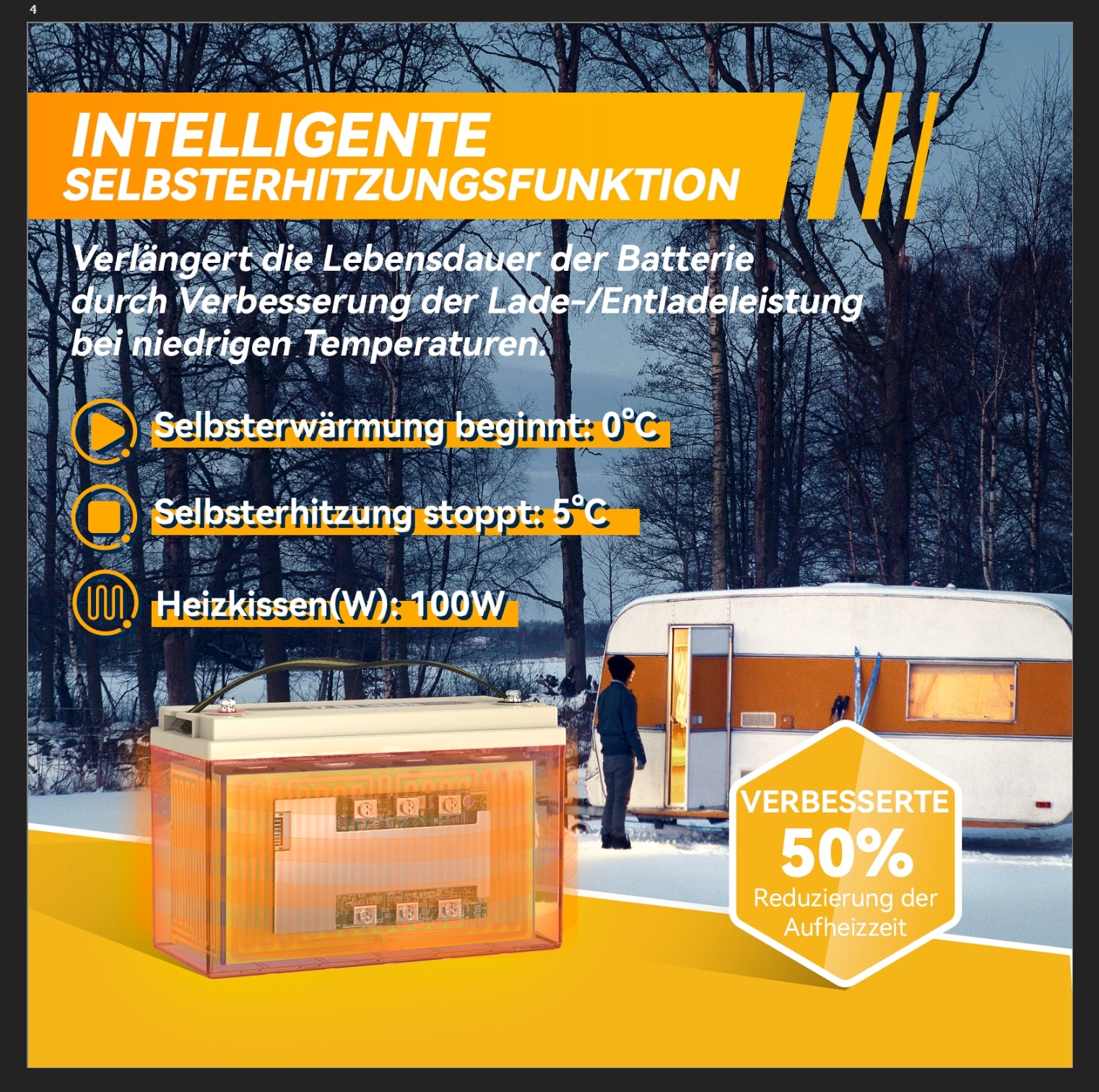 Batterie LiFePO4 auto-chauffante Power Queen 12 V 100 Ah, BMS 100 A intégré