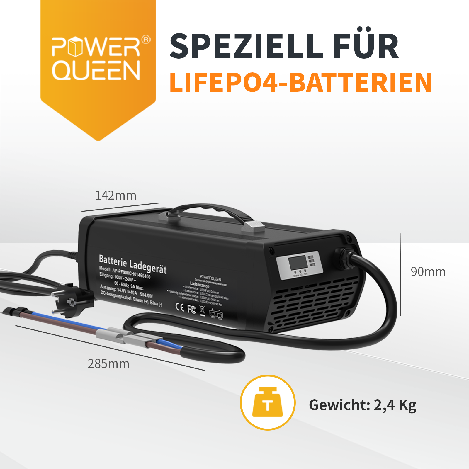 Power Queen 14,6V 40A LiFePO4 oplader met handvat voor 12V LiFePO4 accu