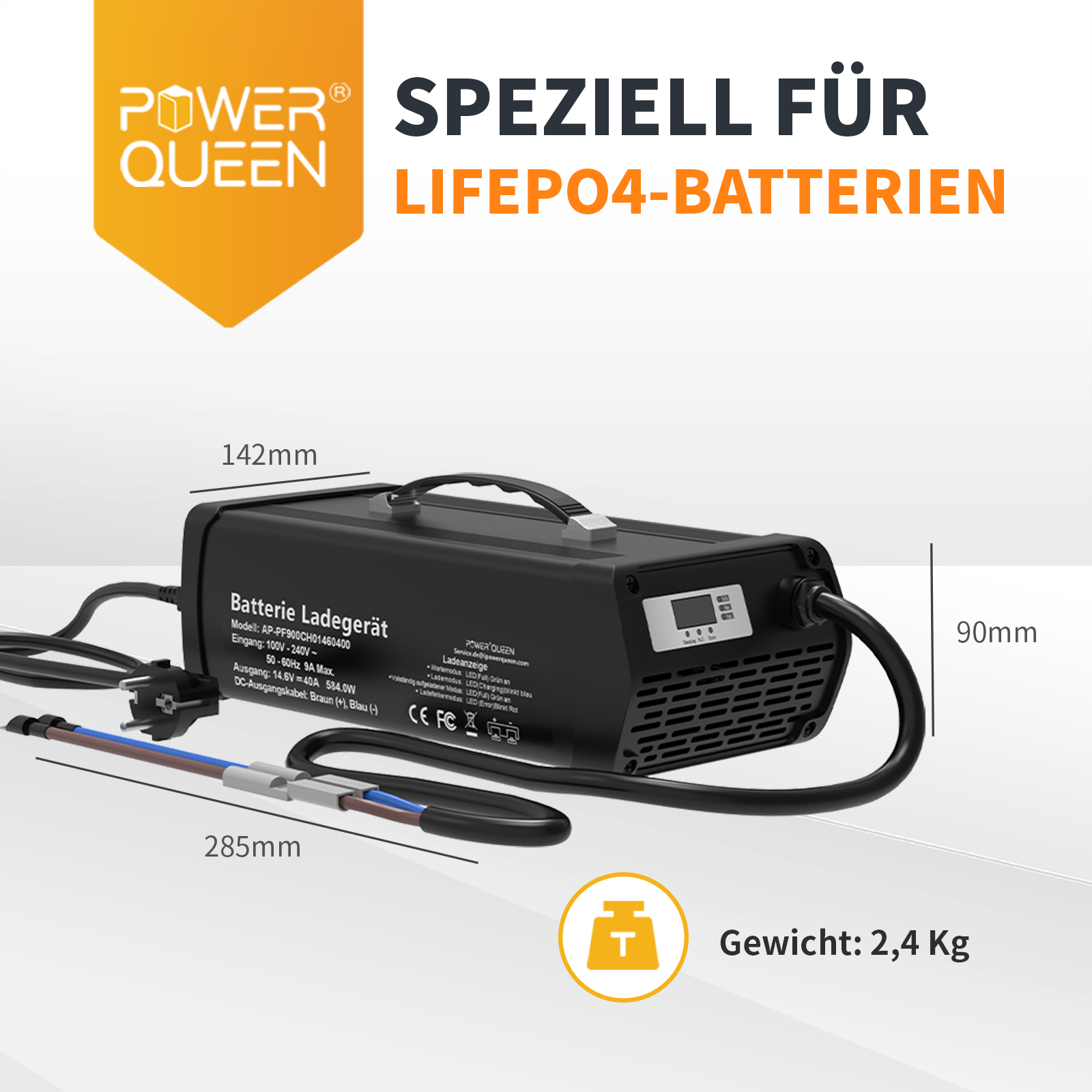 Caricabatterie Power Queen 14,6V 40A LiFePO4 con impugnatura per batteria LiFePO4 12V
