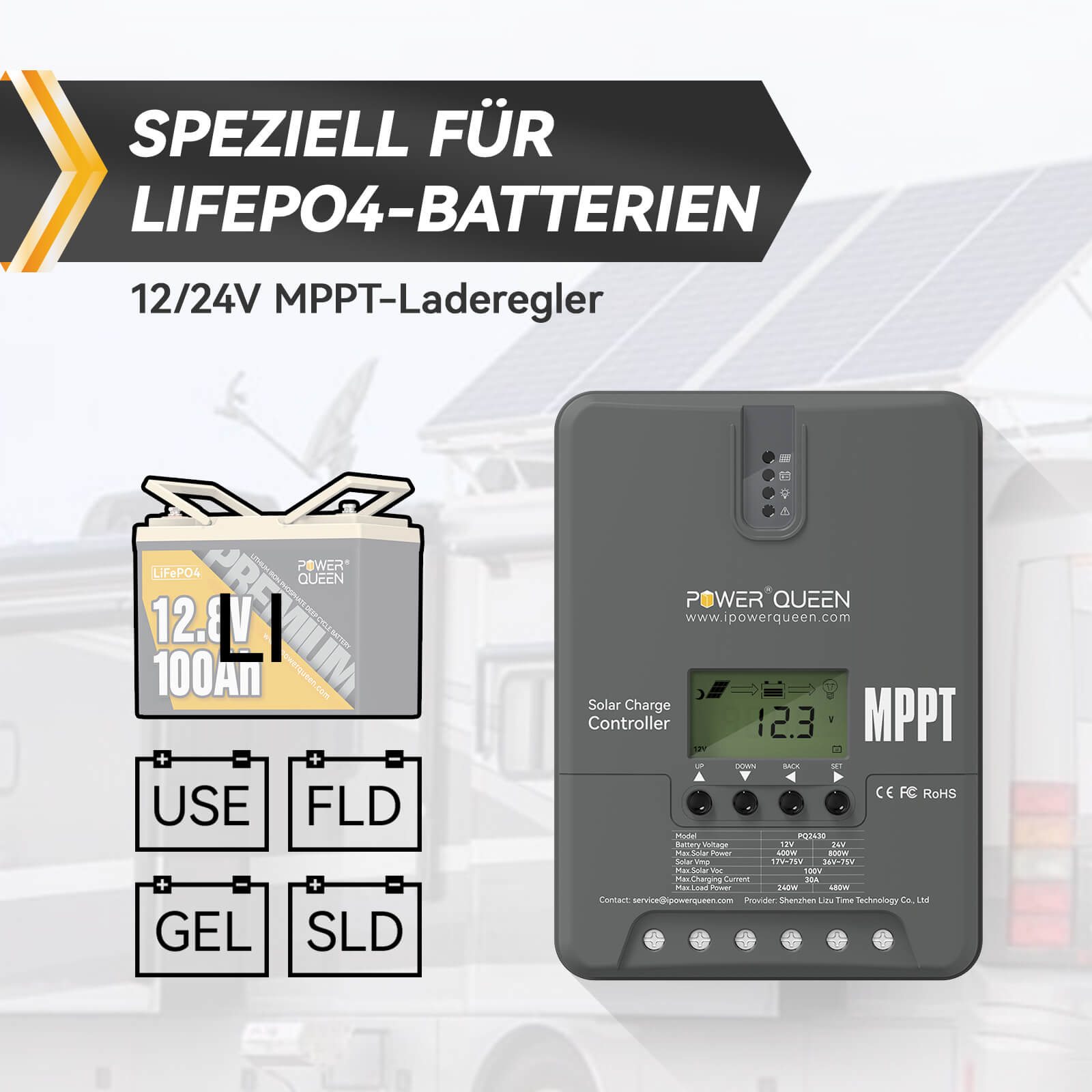 Power Queen MPPT 12/24V 30A zonnelaadcontroller, instelbaar LCD-display