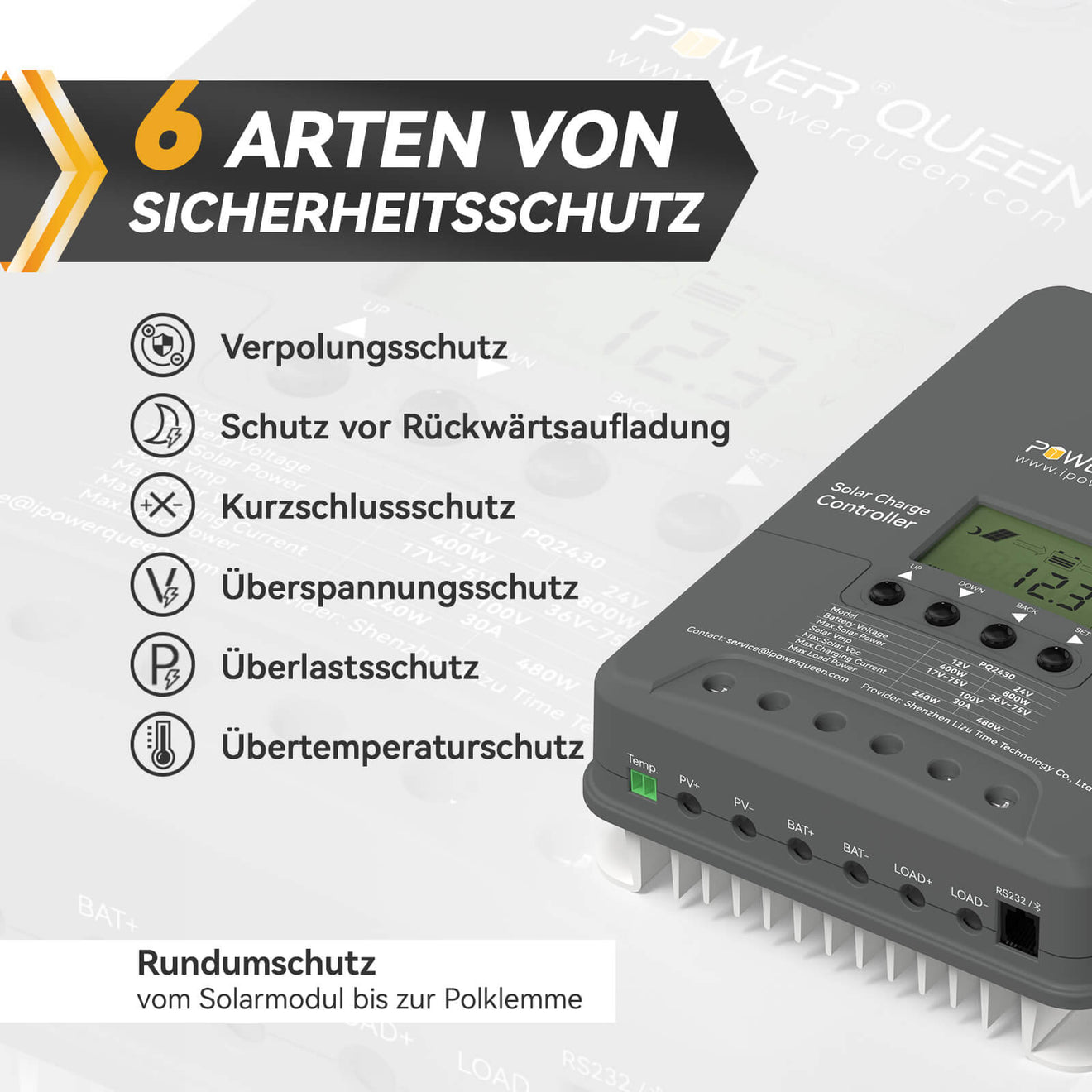 Power Queen MPPT 12/24V 30A Solarladeregler, Einstellbarer LCD-Anzeige