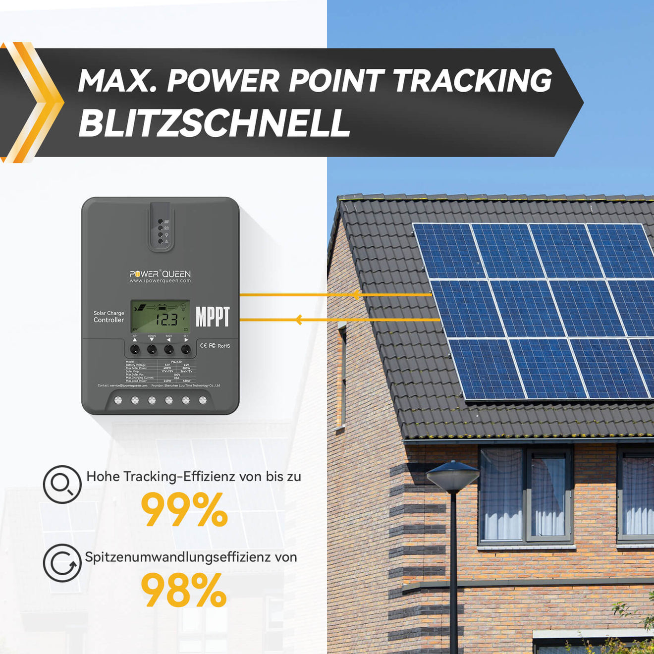 Power Queen MPPT 12/24V 30A Solarladeregler, Einstellbarer LCD-Anzeige