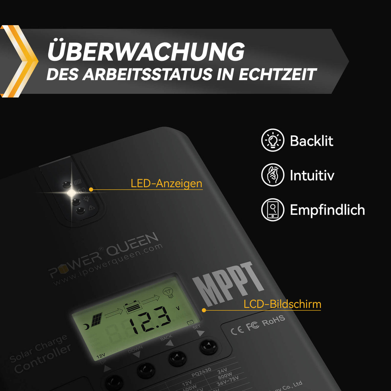 Power Queen MPPT 12/24V 30A Solarladeregler, Einstellbarer LCD-Anzeige